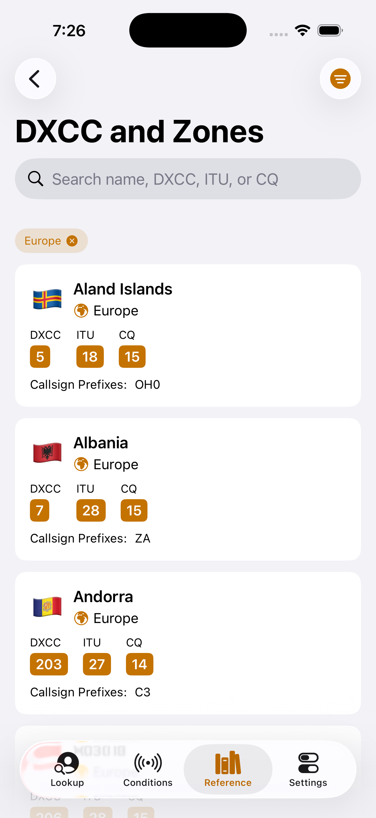 DXCC and Zones reference with searchable entity list and prefix details