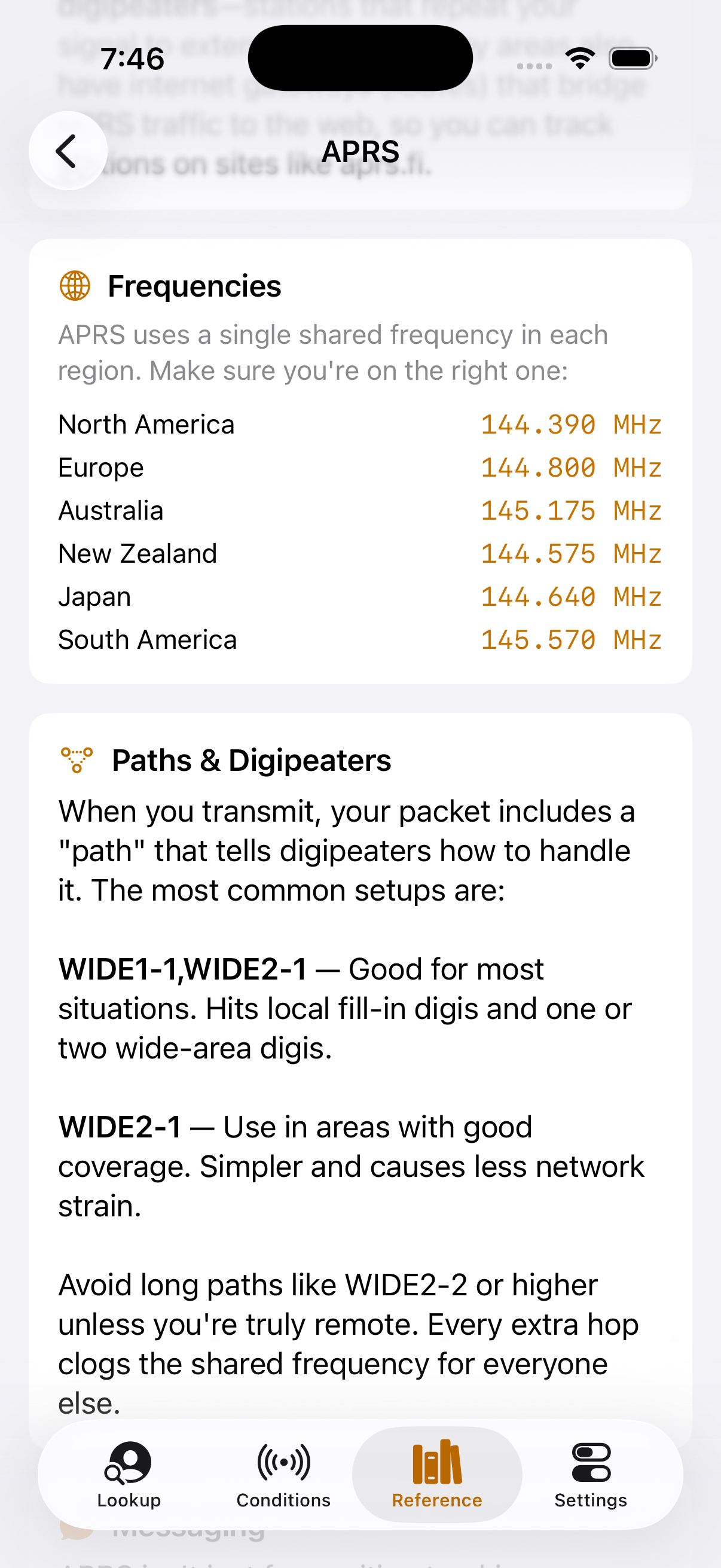 APRS reference showing regional frequencies and digipeater path guides