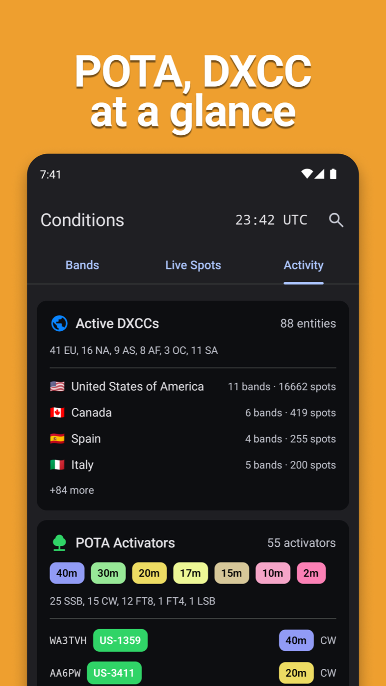 The Activity tab on Android listing active DXCC entities alongside live POTA activators
