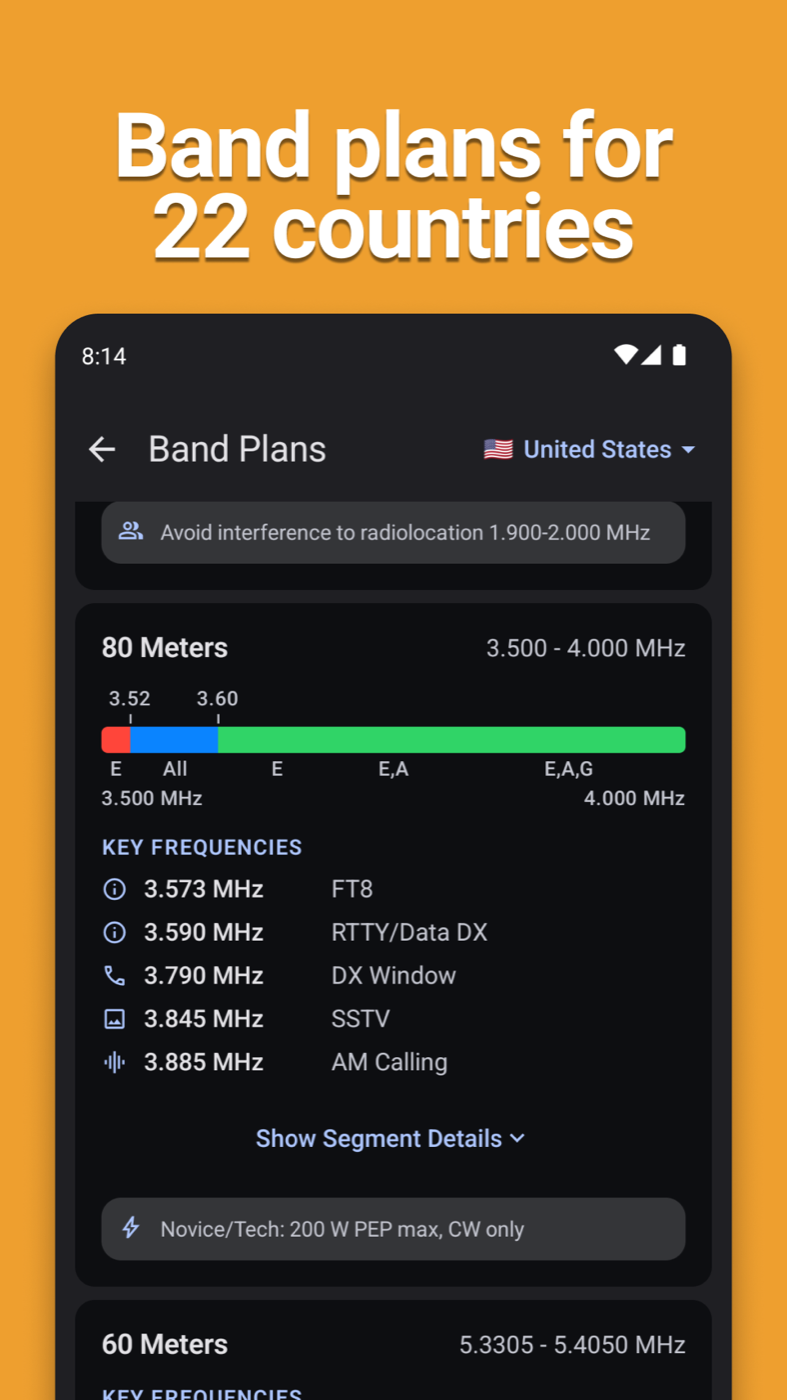 Band plans for 22 countries on Android, showing allocations, licence class segments, key frequencies, and power limits