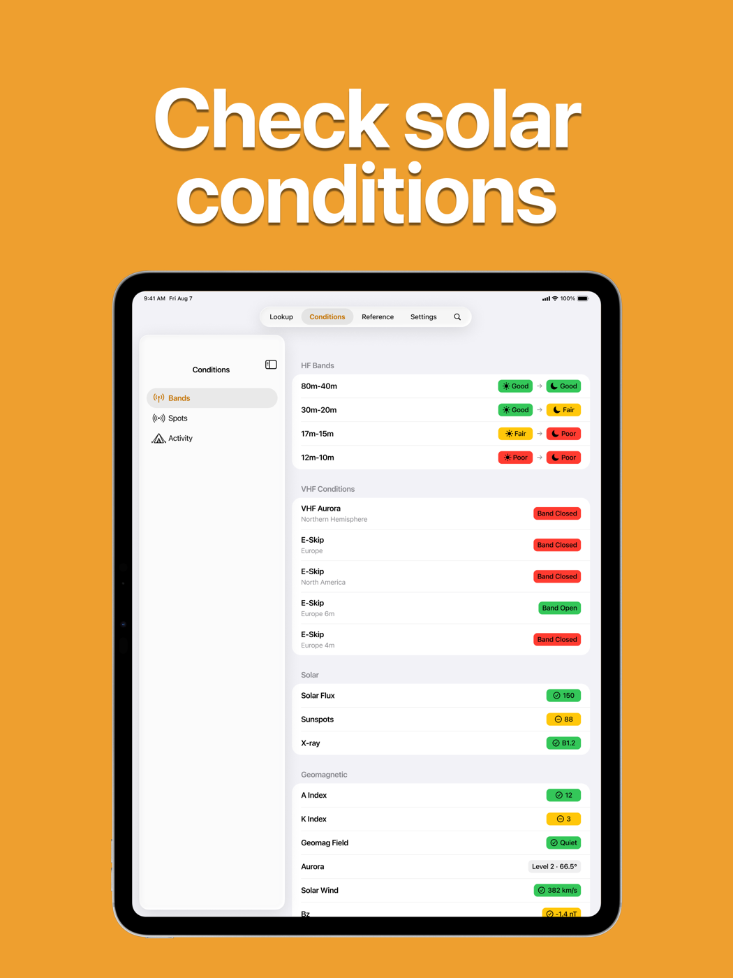 Band-by-band HF and VHF propagation conditions with solar and geomagnetic data on iPad
