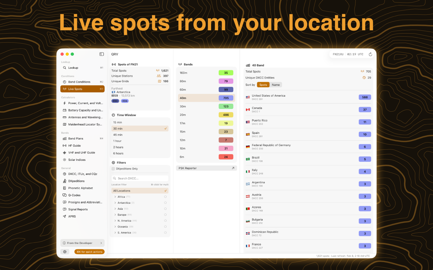 QRV's native Mac app with sidebar navigation and a multi-column layout
